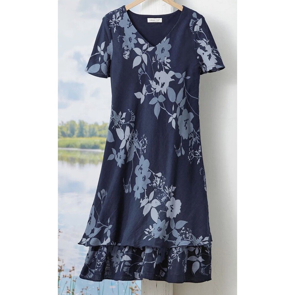 Coldwater Creek Women’s M Harmony Gauze Dress Floral Layered Blue Cotton V-neck